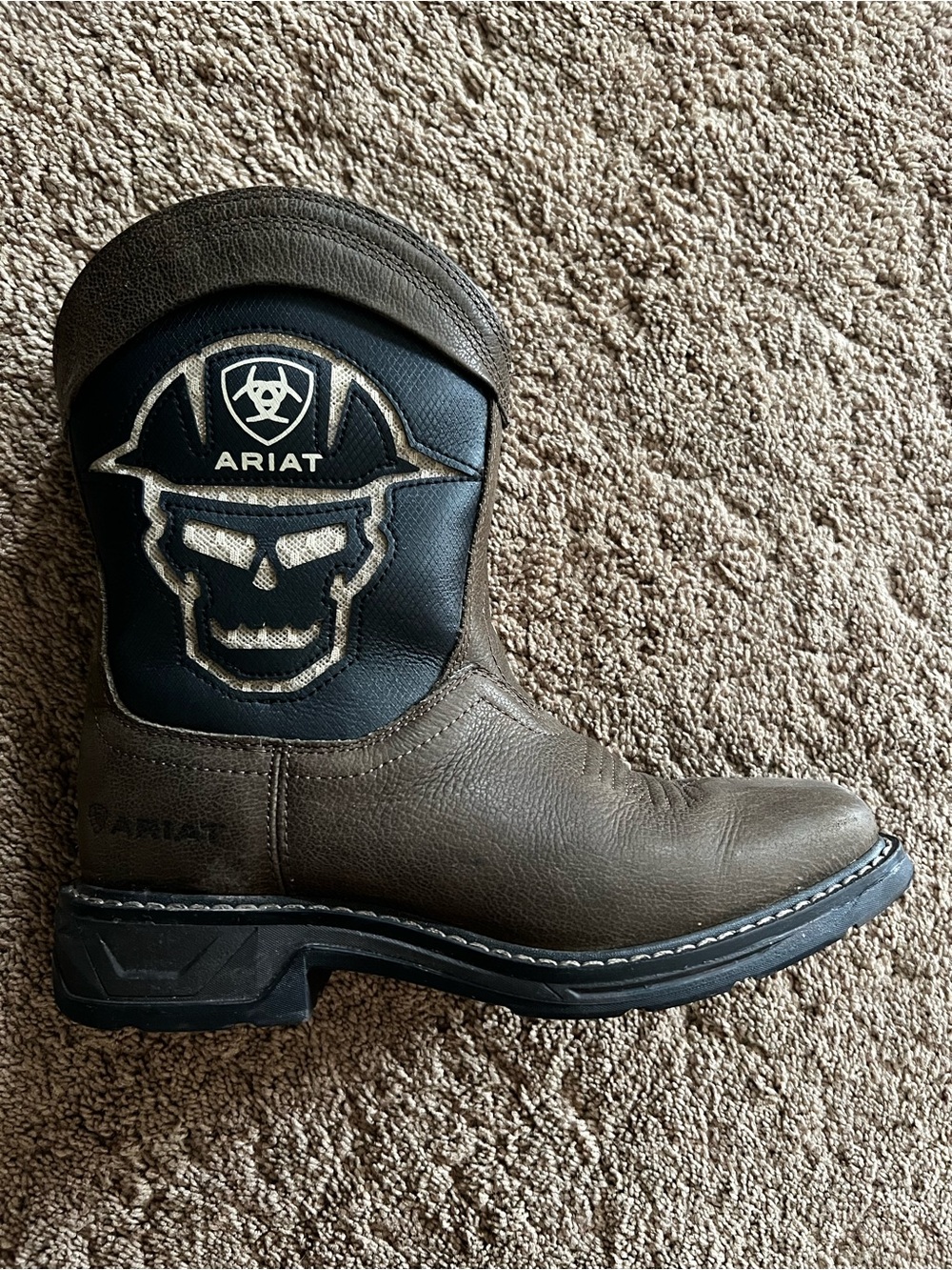 Ariat Brown and Black Western Work Boot with Skull Patch